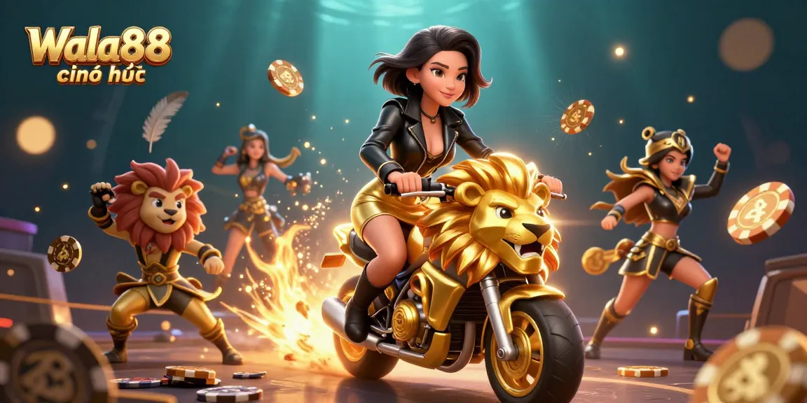 Experience the thrill of Wala88 chính thức with a glamorous woman and a golden lion mascot in a dynamic arena.