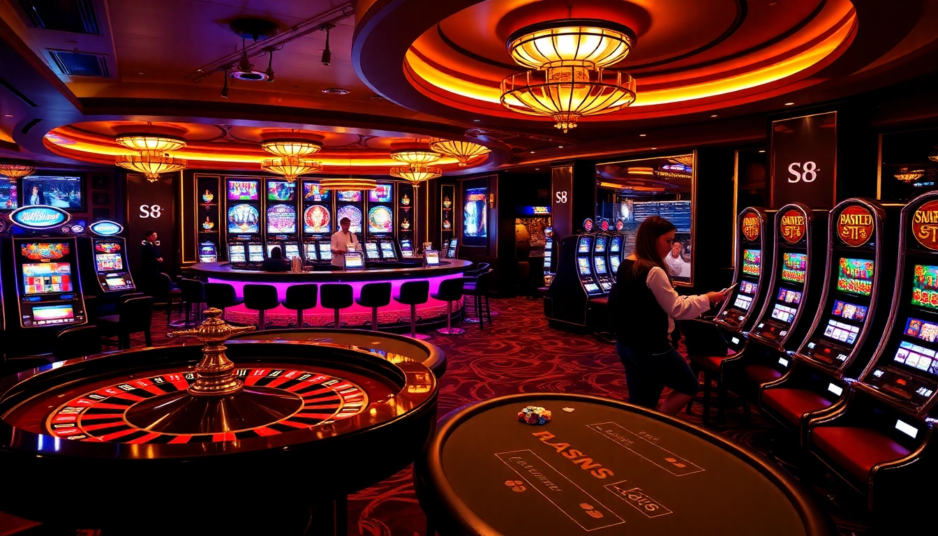 S8 casino scene depicting players engaging with roulette, poker, and slots in an elegant setting.