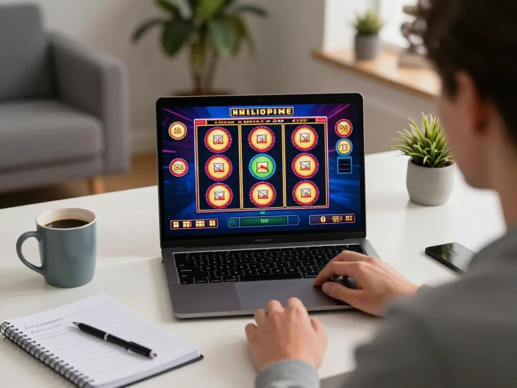 Player enjoying online slots at home with 98winlive on screen and notes on bankroll management