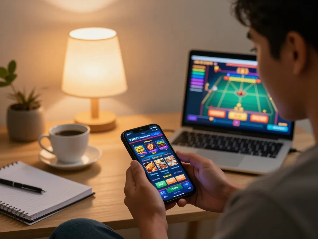PHSKY player engages with the casino app in a cozy home setting, showcasing mobile betting excitement.