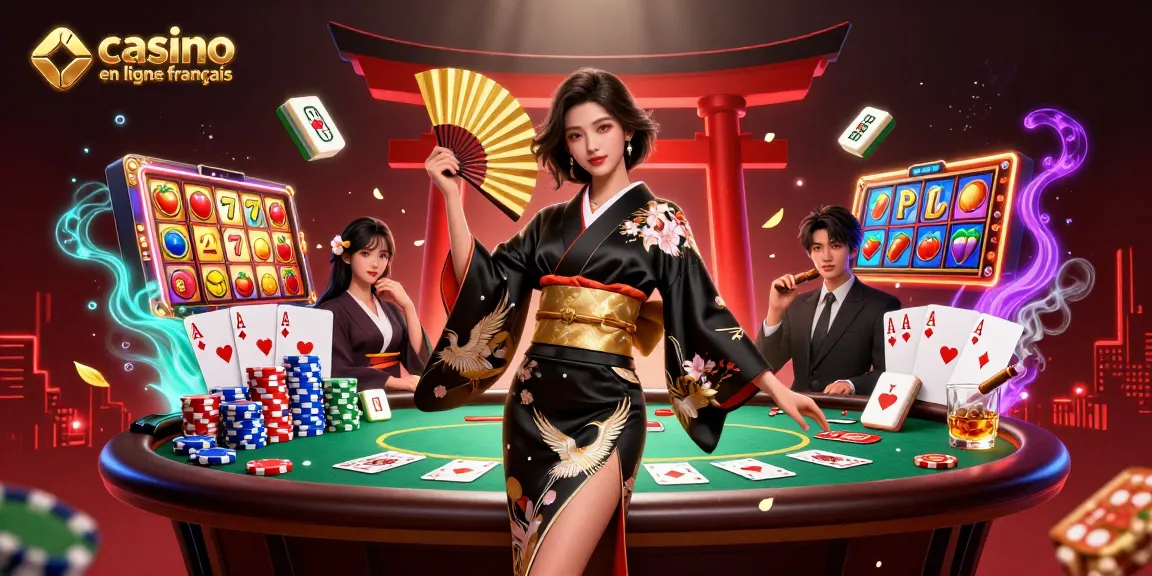 Engagez-vous avec la captivante scène du casino en ligne français mettant en vedette une magnifique femme asiatique en kimono au milieu des rouleaux de machines à sous et des éléments de poker.