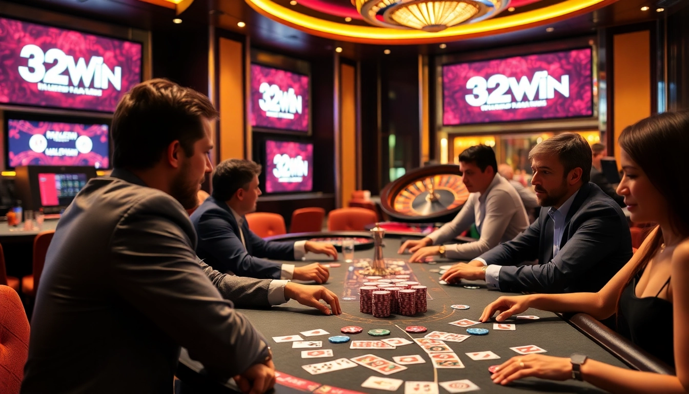 32WIN players enjoying a riveting poker game with vibrant chips and cards at a luxury casino.
