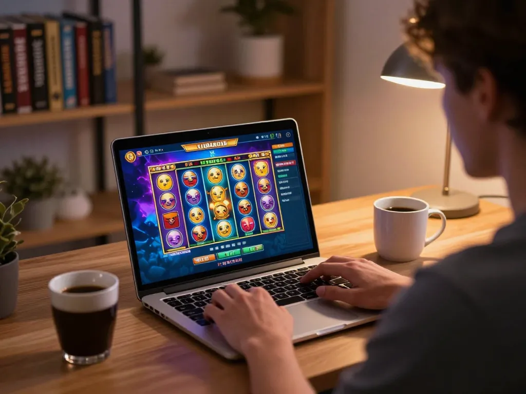 Engaging slot online gameplay session at home with a player using a laptop to spin reels.