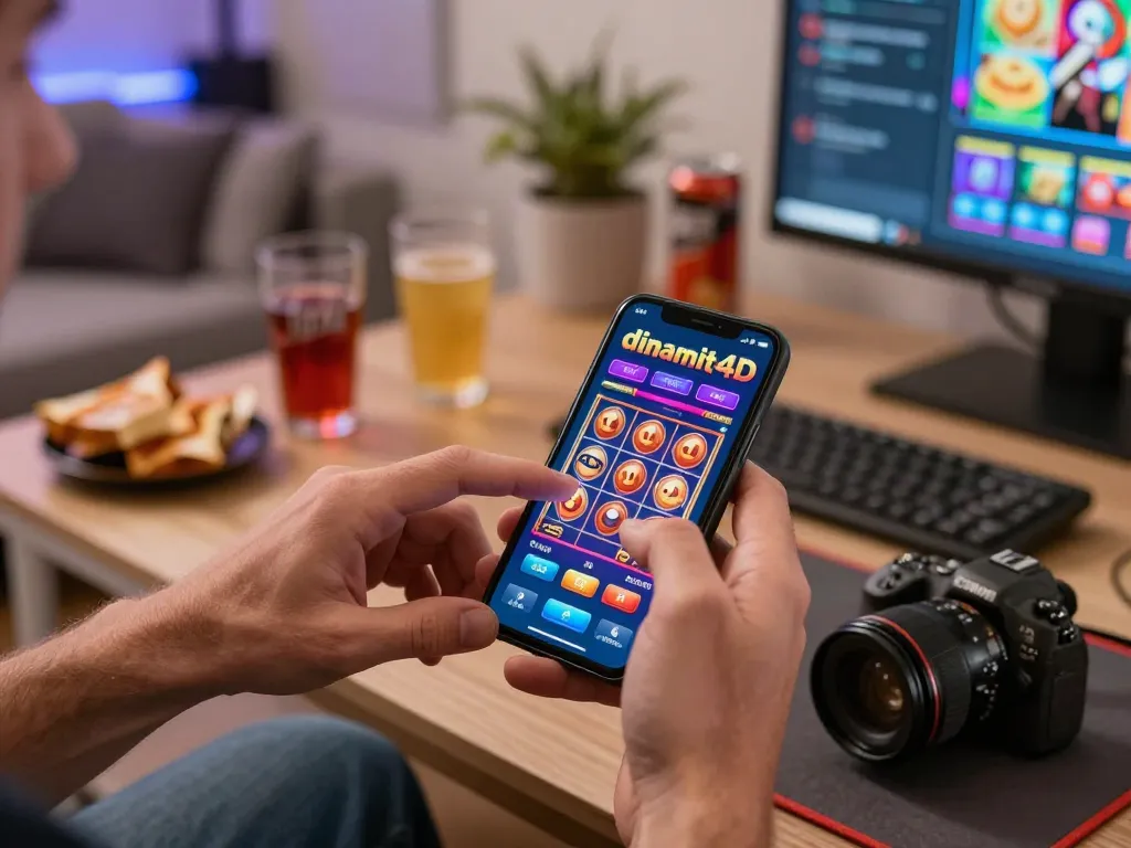 Engaging with the dinamit4d casino app on a smartphone, showcasing online gaming excitement in a cozy environment.