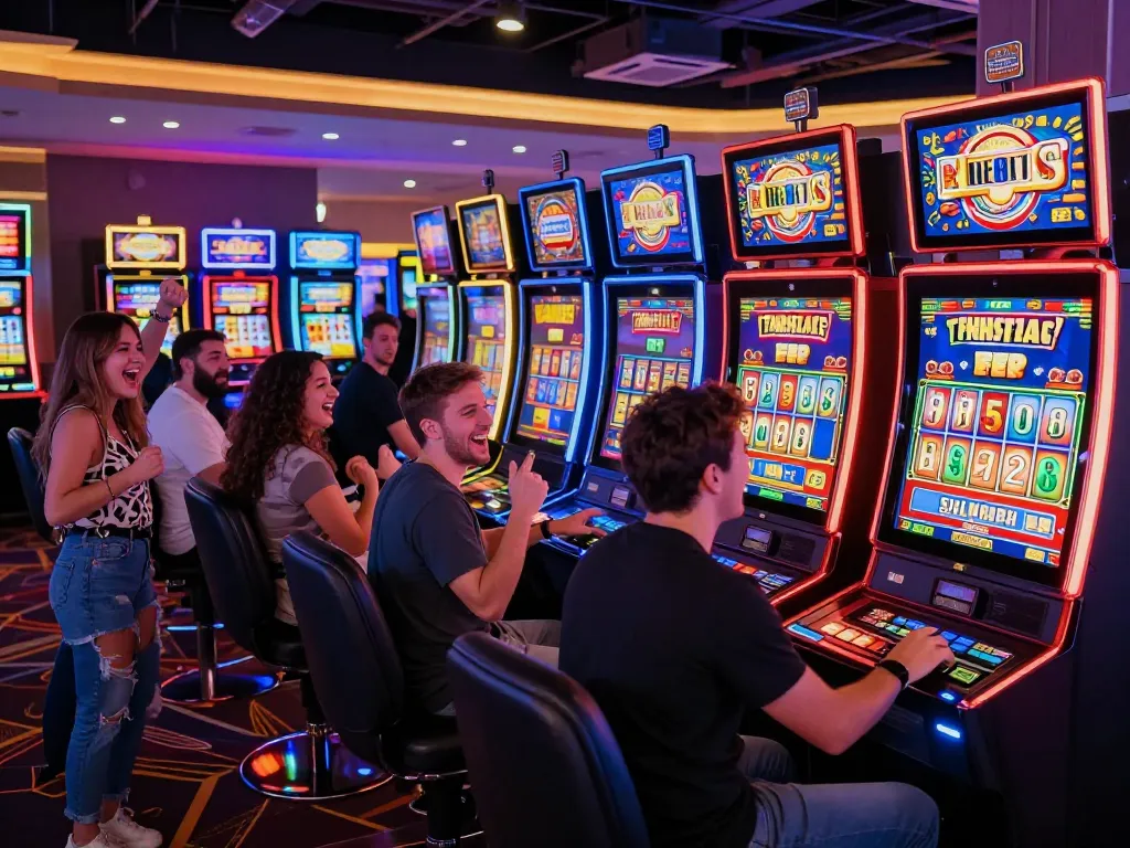 Bonus new member excitement as players celebrate wins on vibrant slot machines in a lively casino atmosphere.