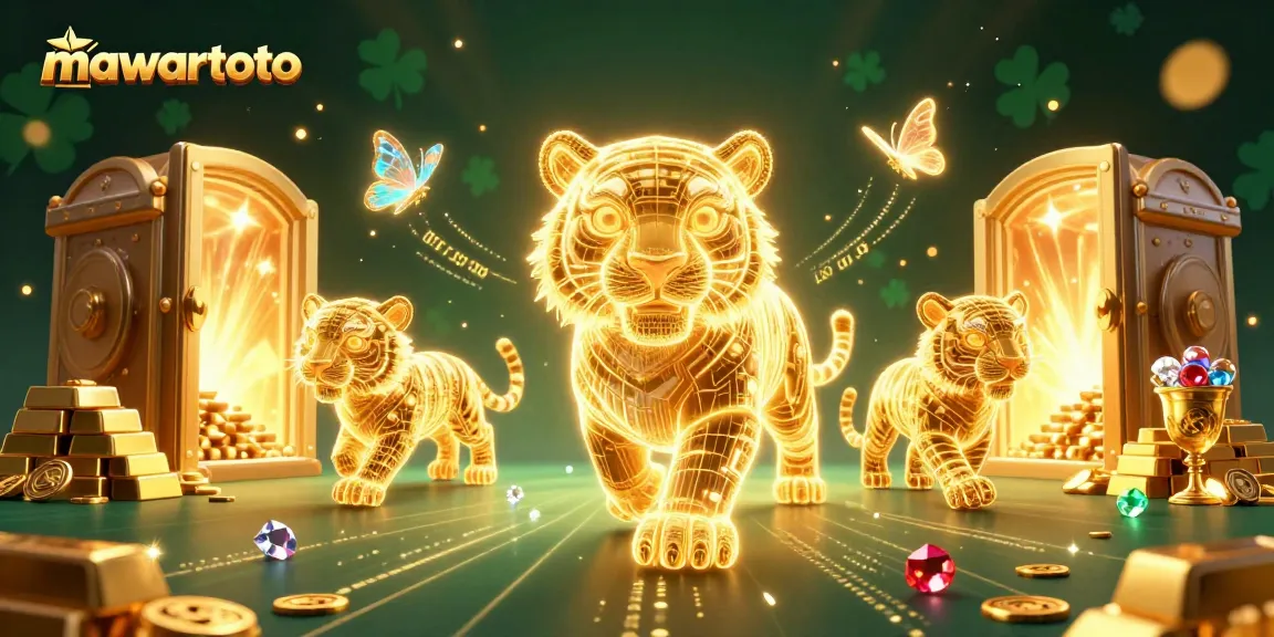 Experience thrilling wins at mawartoto, where a glowing golden tiger leads you through a vibrant digital casino.