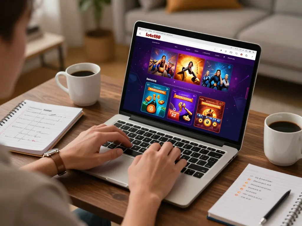 Engaging in loto188 gameplay on a laptop, showcasing user-friendly design in a comfortable home setting.