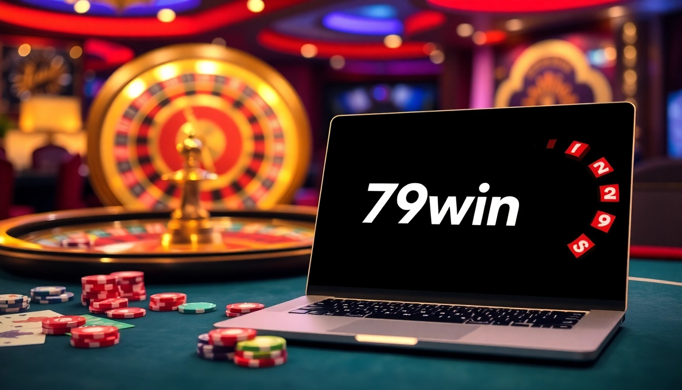 Experience high-stakes gameplay at 79win with vibrant poker chips and a roulette wheel.