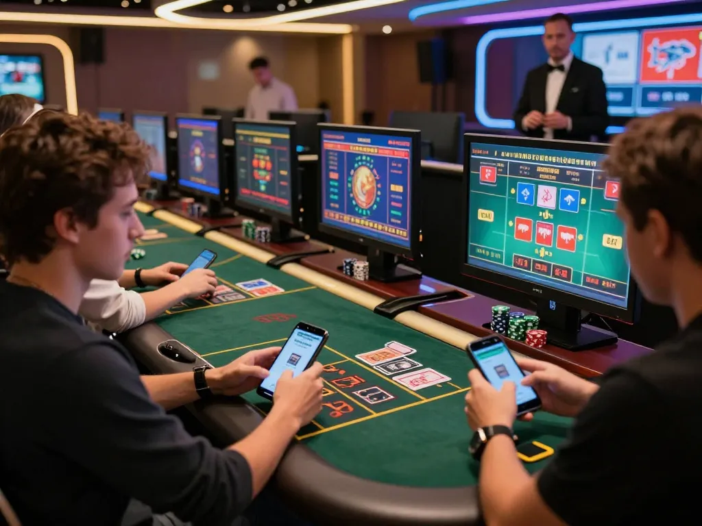 Players at upintogel engaged in live casino action, betting on dynamic games with mobile devices.