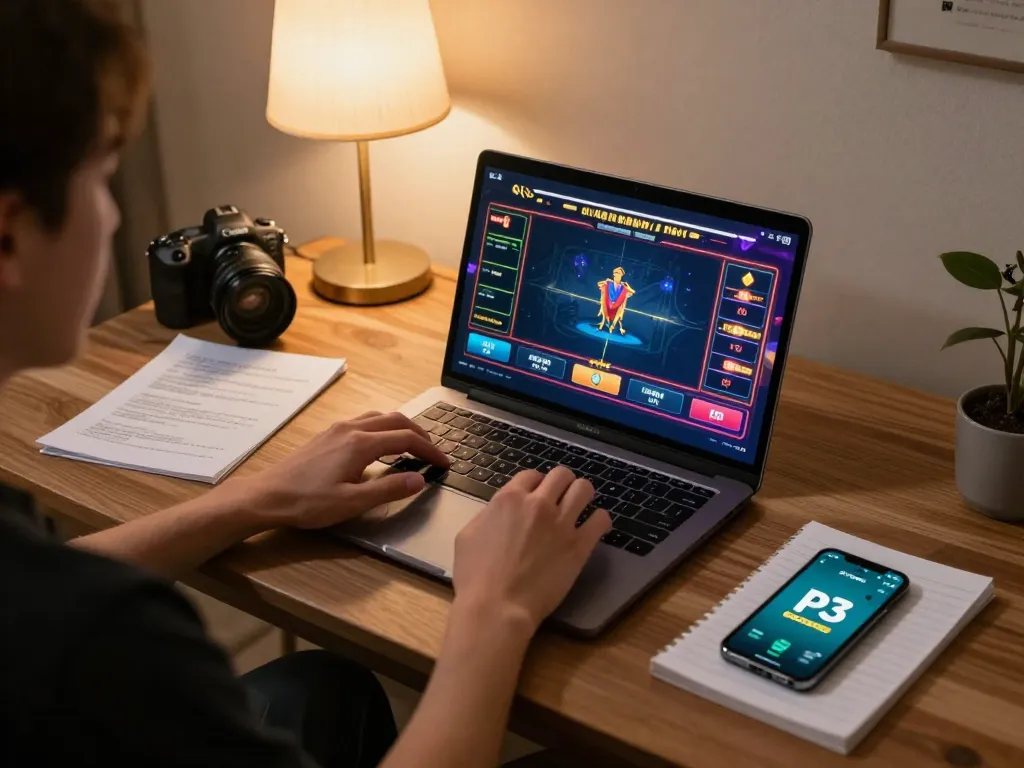 P3 casino app displayed on a laptop screen during engaging online casino gaming session at home.