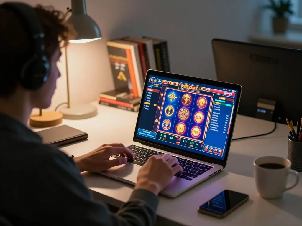 Engaged player partaking in kdslots gaming session on laptop in a cozy home office atmosphere.