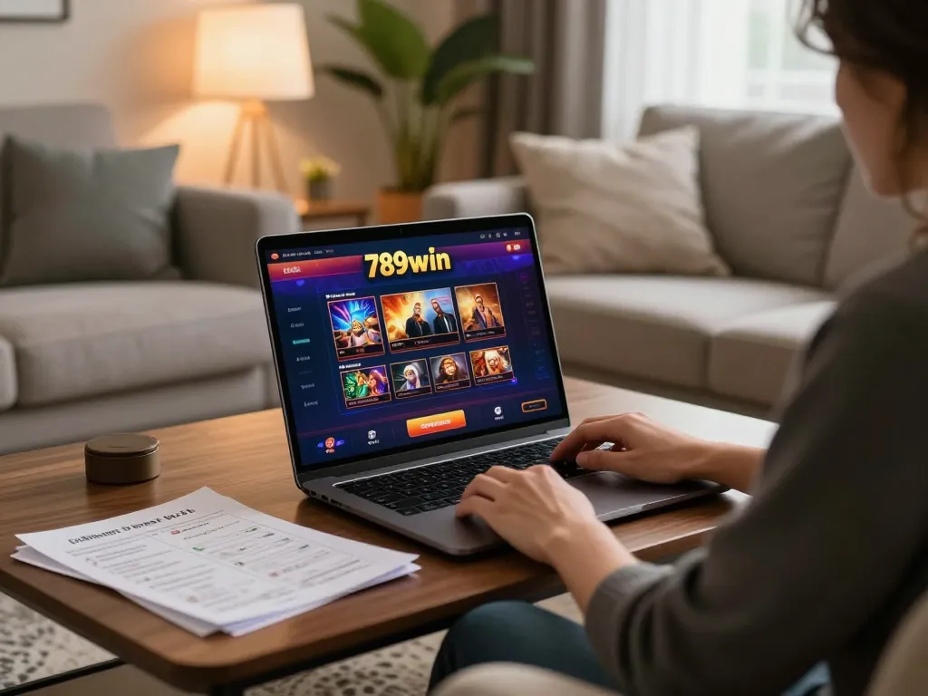 Player using 789win online gaming interface while surrounded by strategy notes in a cozy home setting.