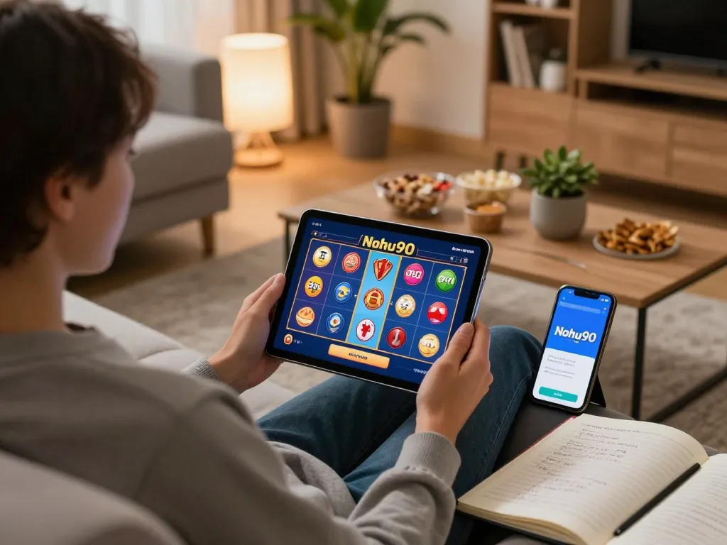 Nohu90 user engaging in online slot gaming on tablet in a cozy living room.