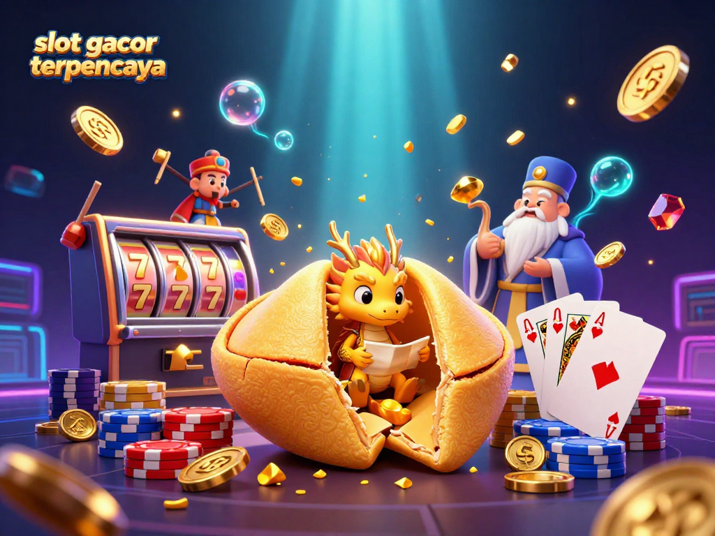 Engage with slot gacor terpercaya and win as golden treasures fly in this vibrant 3D casino scene.
