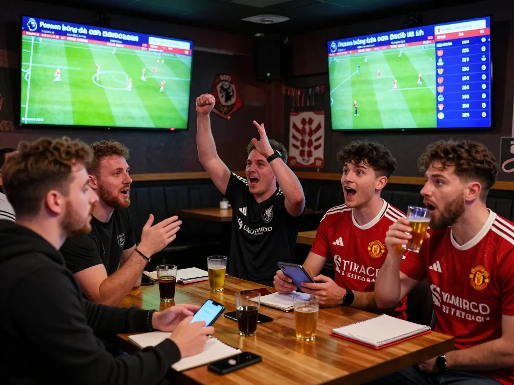 Soi kèo bóng đá anh in a lively sports bar atmosphere with fans analyzing betting odds during a Premier League match.