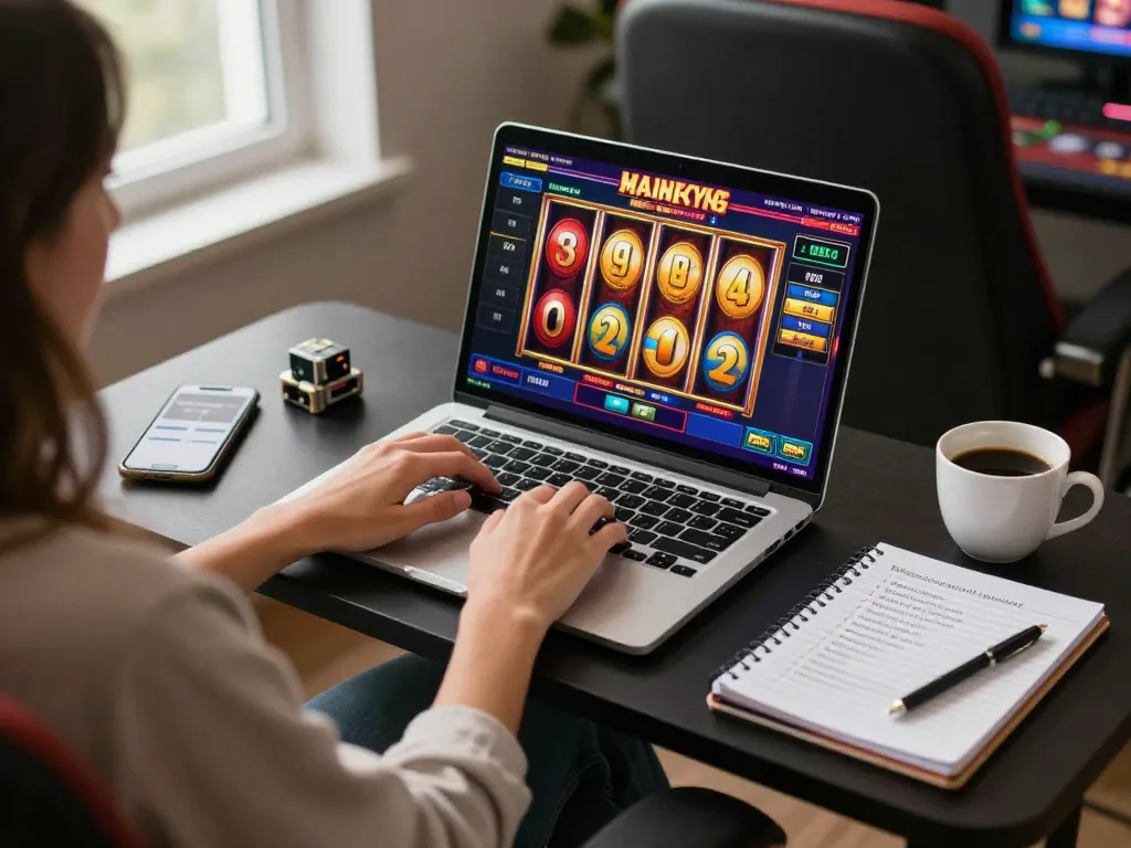 lmhistory engaging in responsible online casino gaming with vibrant slots interface and strategic notebook