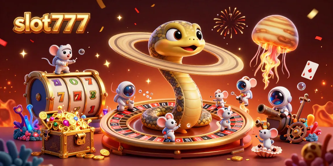 Engage with slot777 in a vibrant 3D scene featuring a snake roulette wheel and astronaut mice betting.