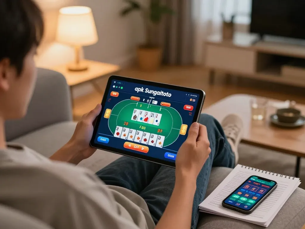 The apk sungaitoto displayed on a tablet, showcasing engaging online poker gameplay in a cozy home setting.