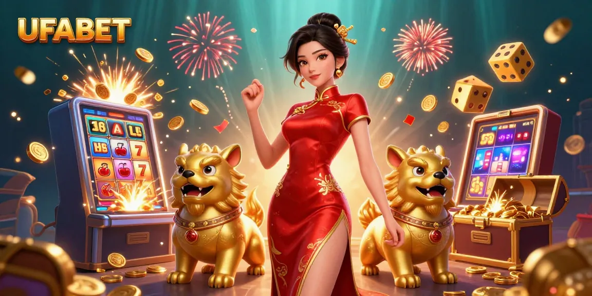 Experience thrilling gaming with UFABET, featuring a glamorous Asian woman and dynamic casino elements.