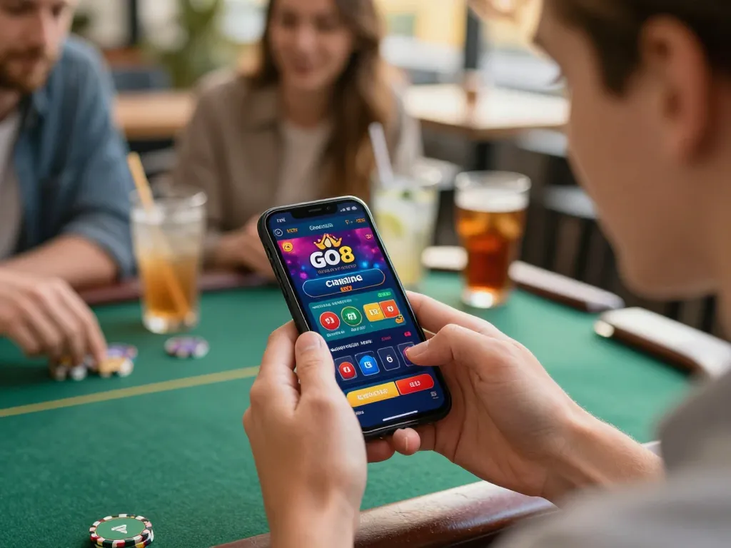 Player enjoying go8 online betting through a mobile app at a cafe, capturing the excitement of gaming
