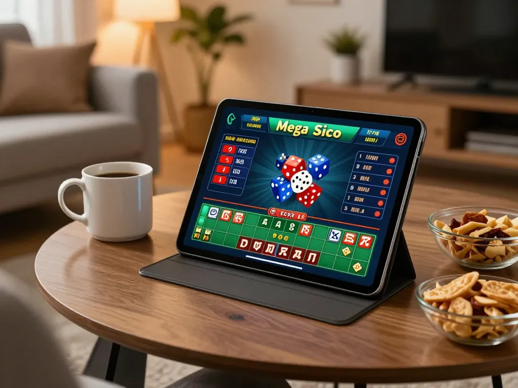Mega Sicbo live gaming on tablet in a cozy home setting, showcasing betting interface.