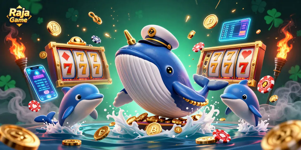 Engage in thrilling gameplay with Raja Game, featuring a dynamic underwater scene of a whale, narwhal, and dolphins.