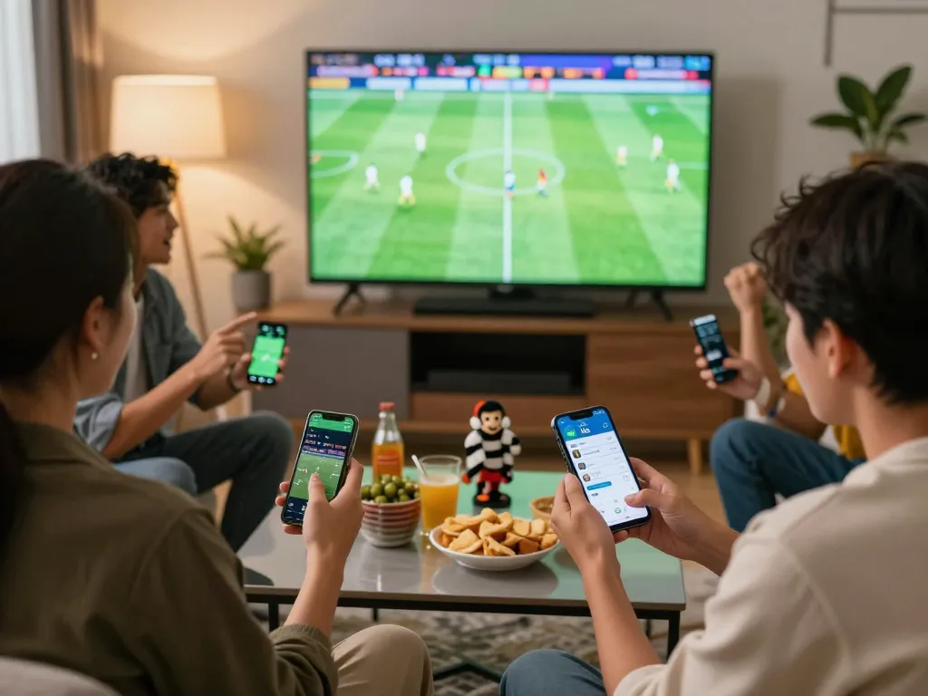 Soi Kèo enthusiasts strategically placing bets while watching a live football match in a cozy home setup