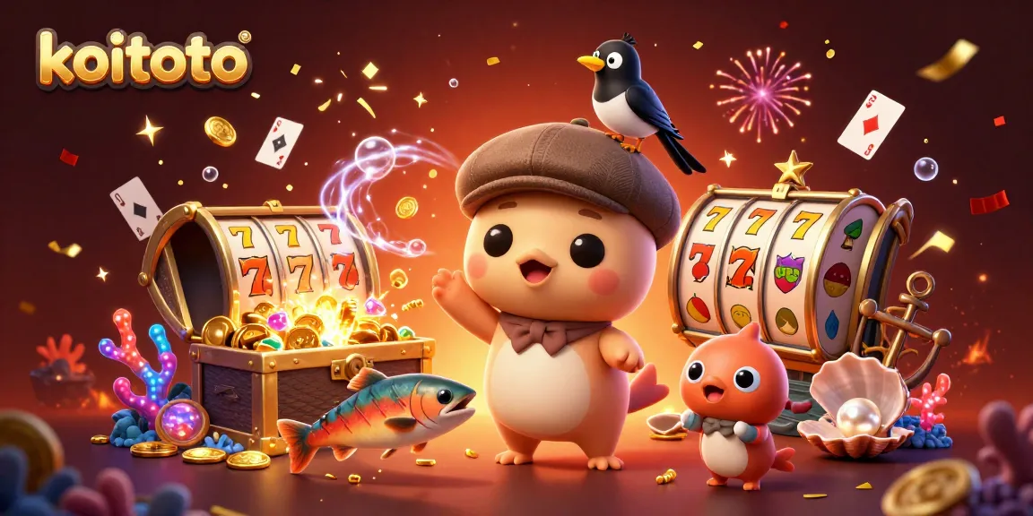 Spin and win with koitoto's captivating slot reels and playful characters in a vibrant casino scene.