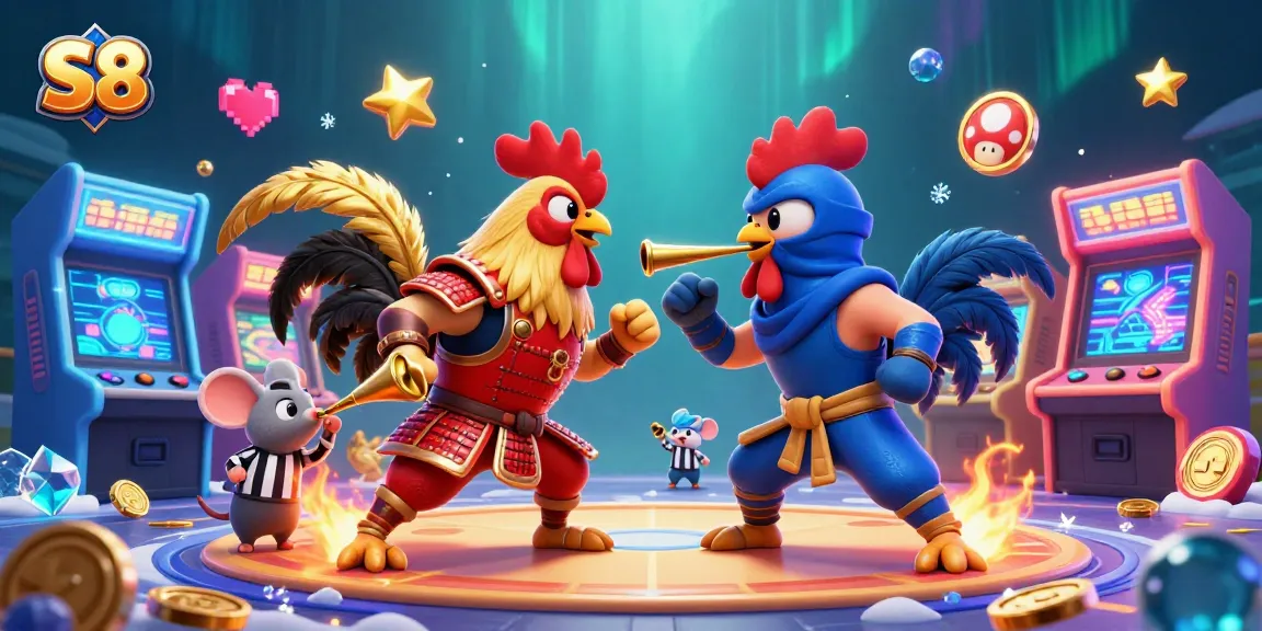 S8 presents a thrilling scene of cartoon roosters in a dramatic cockfight, showcasing animated excitement and casino elements.