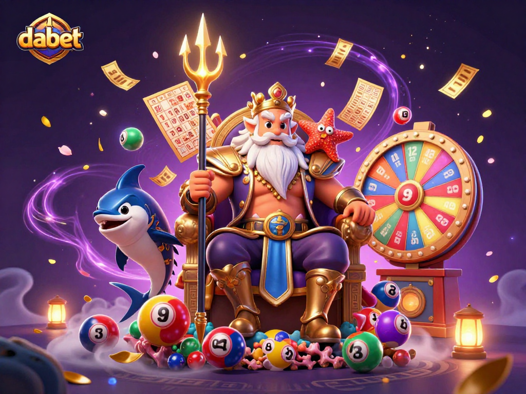 Dabet lottery-themed illustration with Neptune and lively game elements showcasing vibrant prizes.