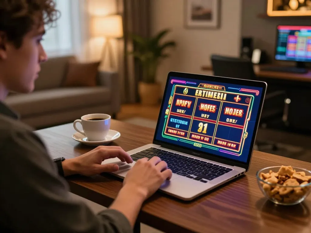 Player enjoying LV88 online slots gaming on a stylish desk, creating a cozy atmosphere.