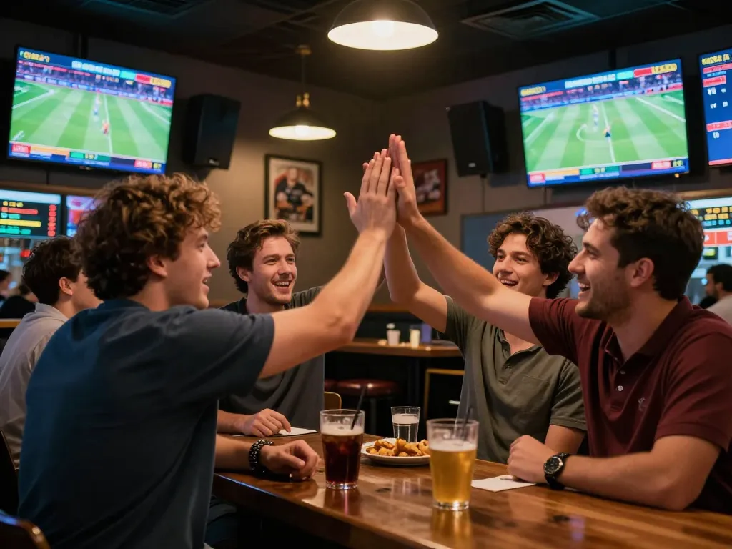 Patrons at a sports bar excitedly using debet to place bets on live events.