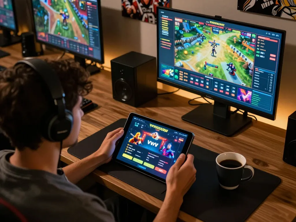Player enjoying vvvwin casino app on tablet in cozy home setting, showcasing strategic online gambling.