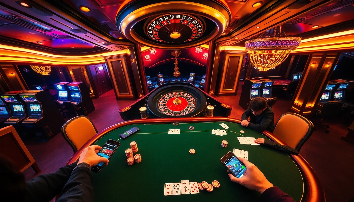 Engaged players enjoying table games at 'juragan77' casino, showcasing vibrant poker chips and an exciting atmosphere.