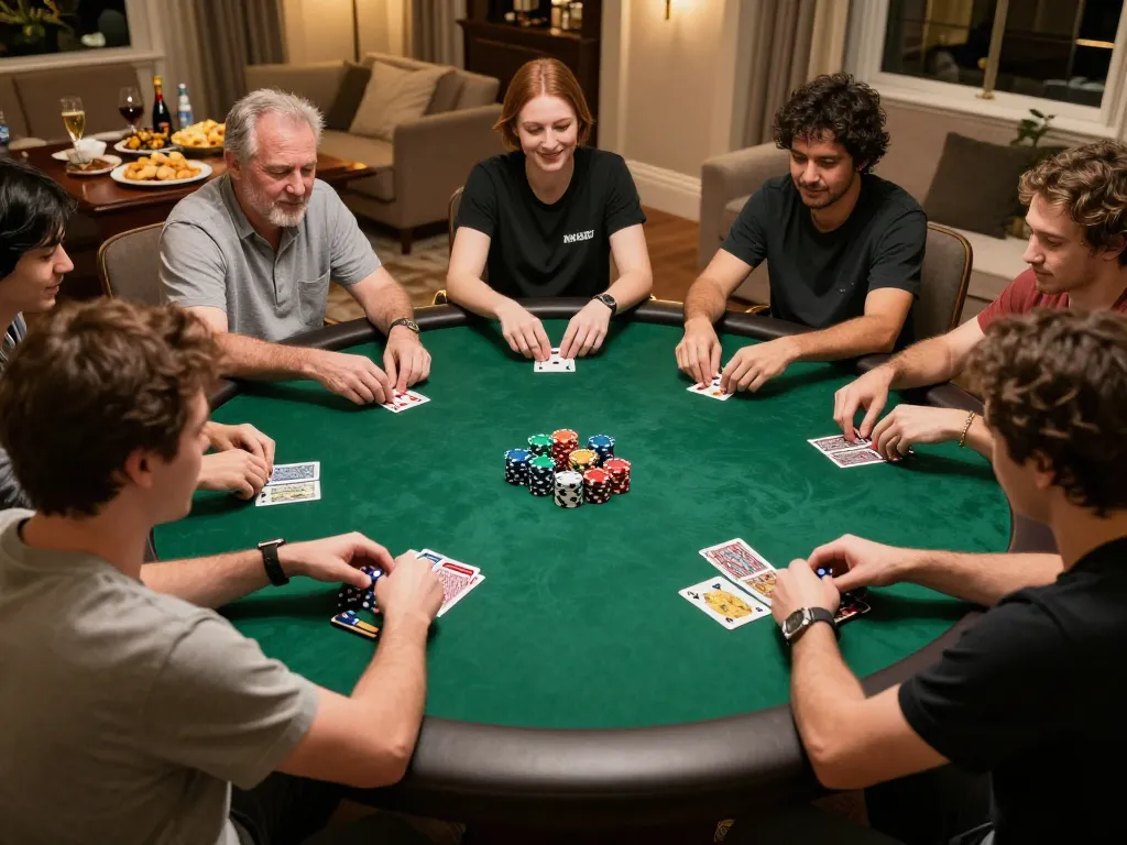 Engaged players highlight the strategic thrills of KP88 poker night at home with focused hands and colorful chips.