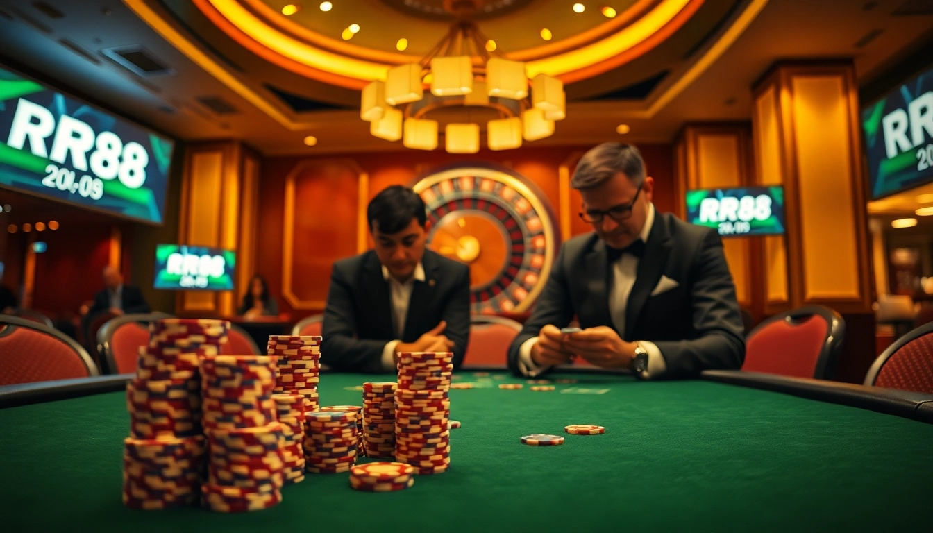 Intense poker action at RR88 casino, showcasing professional players and vibrant atmosphere.
