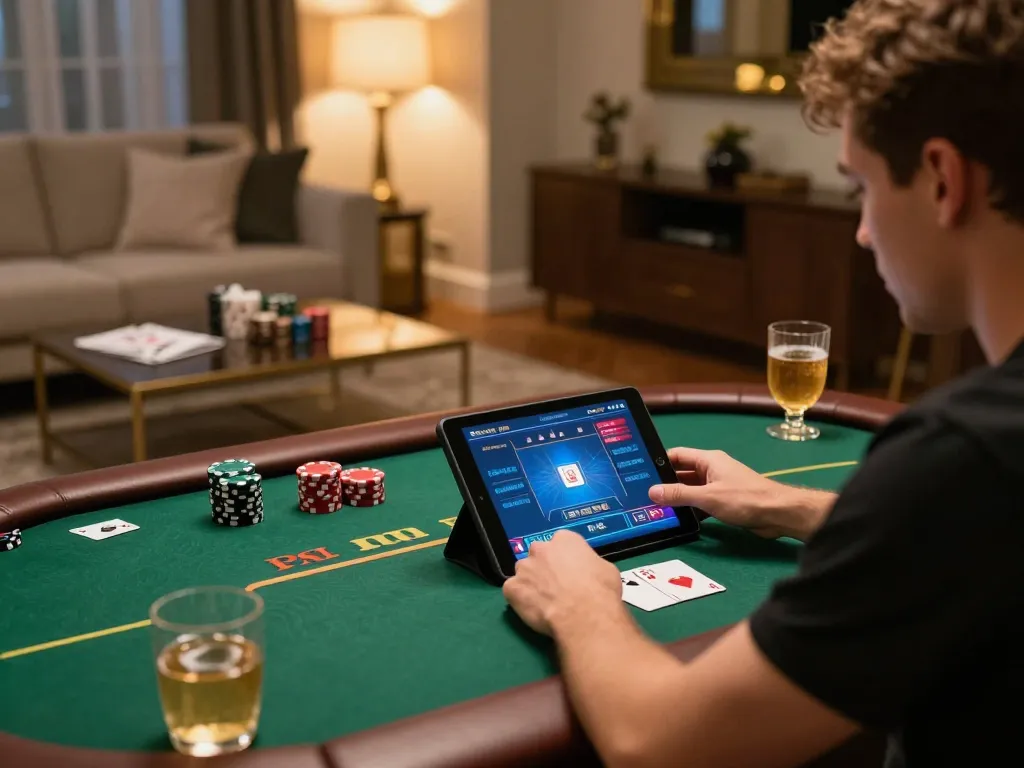 Player engaging in MM99 online poker game on tablet in stylish home setting, emphasizing strategic gameplay.