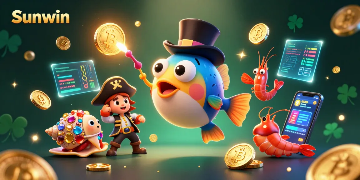 Sunwin gamblers aiming for winnings in a vibrant underwater casino scene with treasure elements.