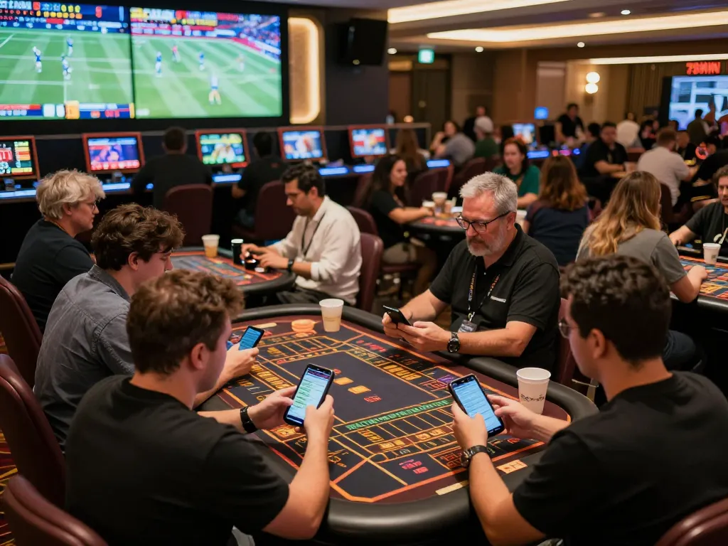 Sports bettors analyzing odds at 789WIN, lively atmosphere with screens displaying games.