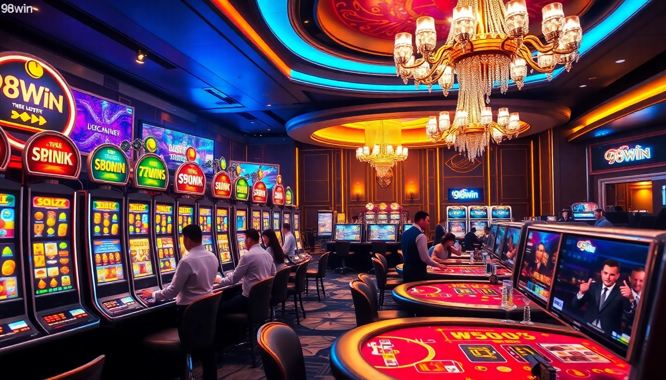 98win slot machine excitement with vibrant lighting and active players.