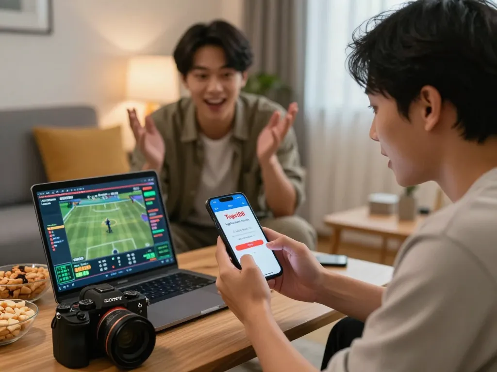 Togel88 Login Link Alternatif showcased as friends actively engage in responsible online sports betting at home.