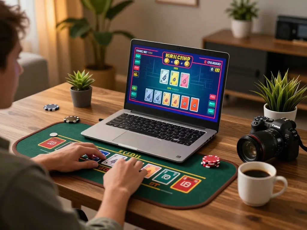 Engaged player enjoying live dealer game on 789club with laptop, showcasing online gambling excitement and comfort.