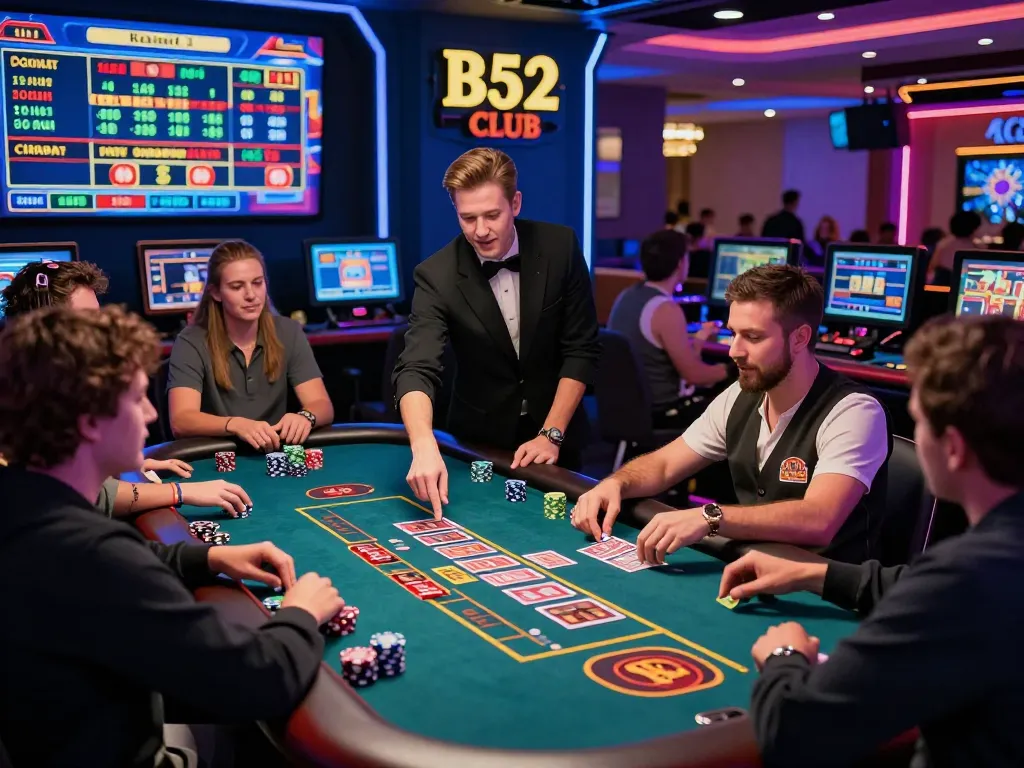 B52 Club live casino scene with professional dealer and engaged players in a vibrant gaming lounge.