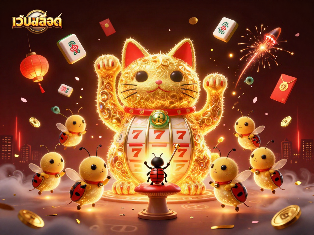 Engaging 3D illustration of a lucky cat and symbols for เว็บสล็อต, showcasing dynamic gaming elements.