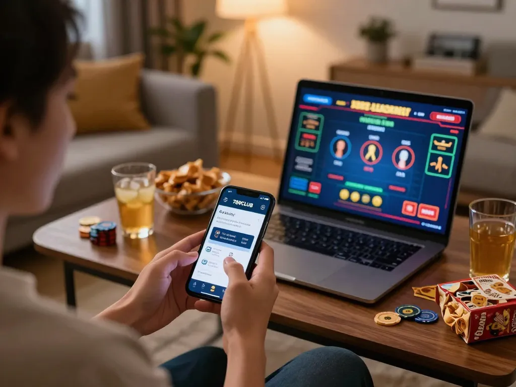 Engaging with the 789CLUB app on a smartphone while enjoying a cozy gambling evening.