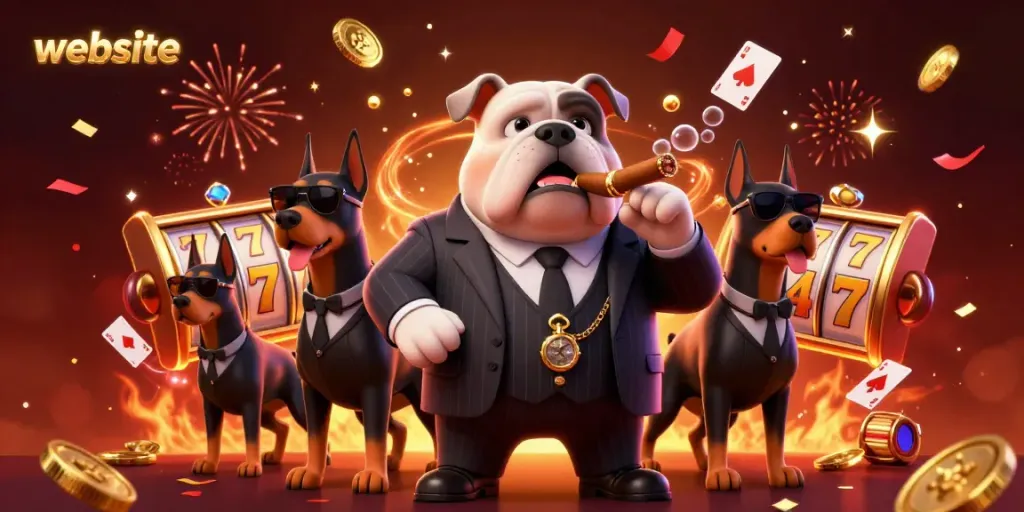 Permainan situs website dengan karakter mafia anjing bulldog dan bodyguard, slot, dan kartu poker.