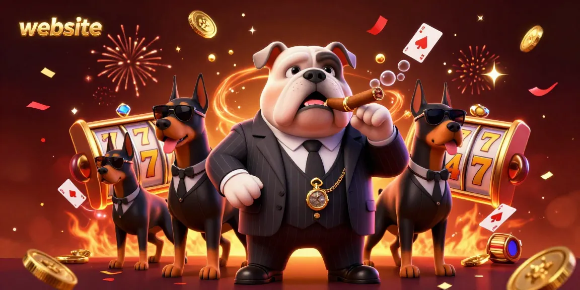 Permainan situs website dengan karakter mafia anjing bulldog dan bodyguard, slot, dan kartu poker.