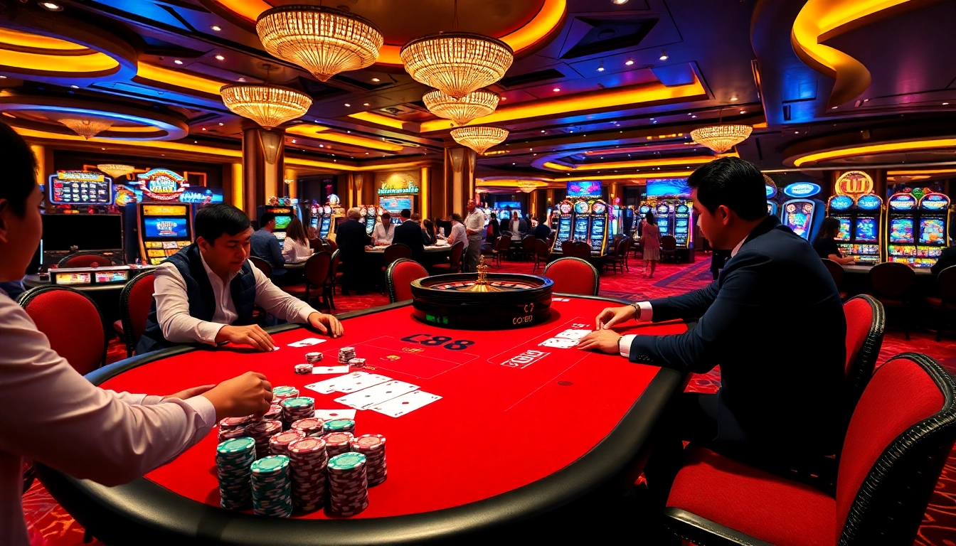 Engaging poker action at LC88 casino, highlighting high-stakes gameplay with vibrant atmosphere.