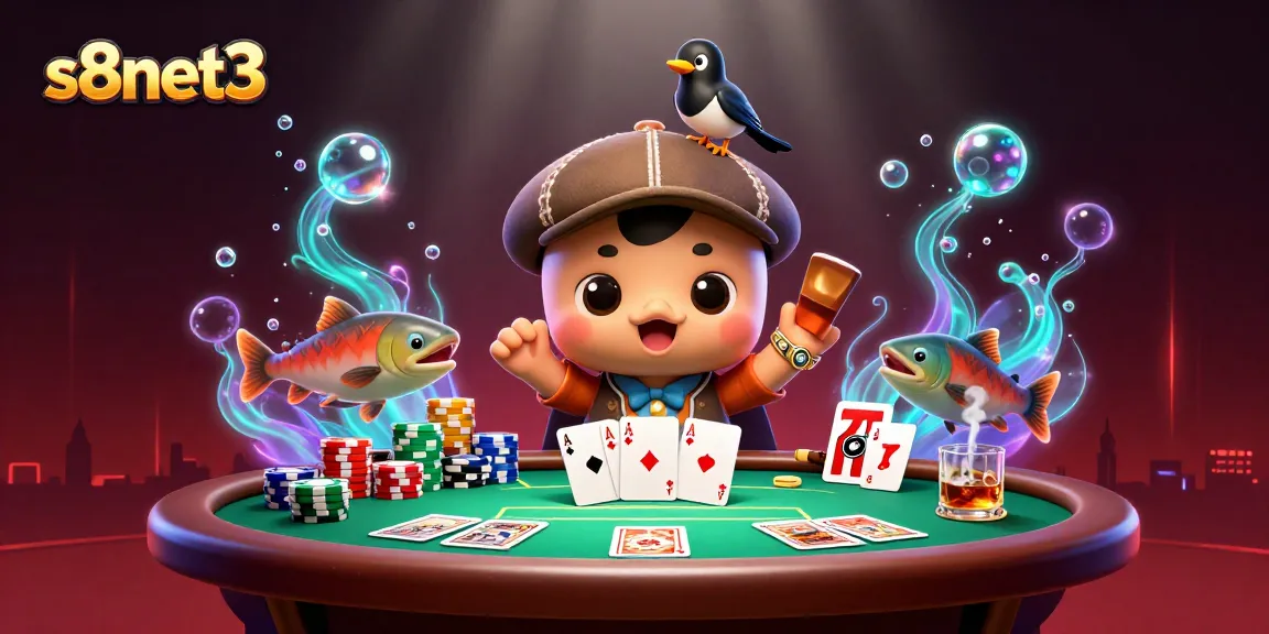 S8net3's vibrant 3D poker scene highlights a playful pattern of baby Nessie and friends enjoying a casino atmosphere.