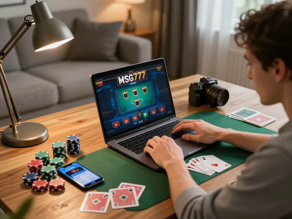 Engaging player enjoying MSG777 online gaming at home, balancing strategy and comfort.